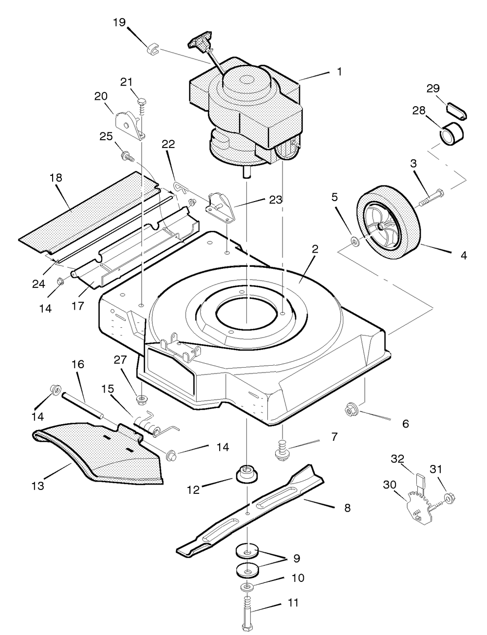 Mower Housing Assembly Diagram and Parts List for 20255X19C 1996 Briggs and Stratton Lawn Mower